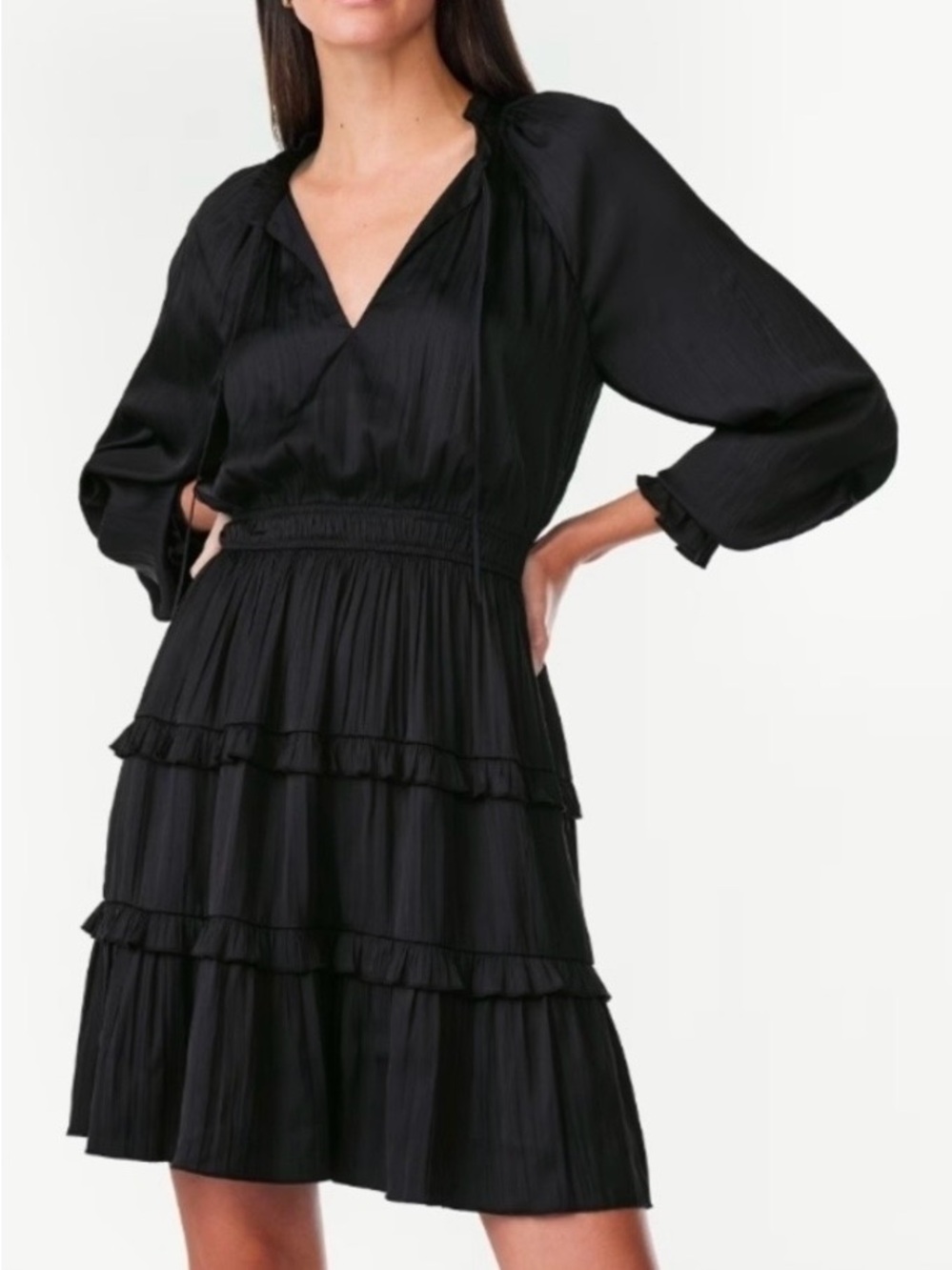 Black Tiered V-Neck Mini Dress with Smocked Waist